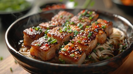 Pork belly noodles cooked on an open fire in natural light. - obrazy, fototapety, plakaty