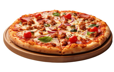A savory pizza perched on top of a rustic wooden tray, ready to be enjoyed