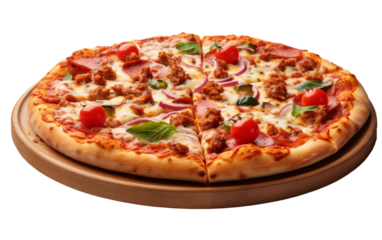 A savory pizza perched on top of a rustic wooden tray, ready to be enjoyed