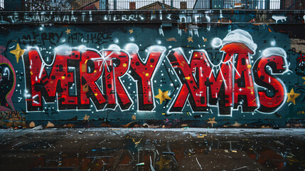 graffiti art on an outdoor wall showing "merry xmas"