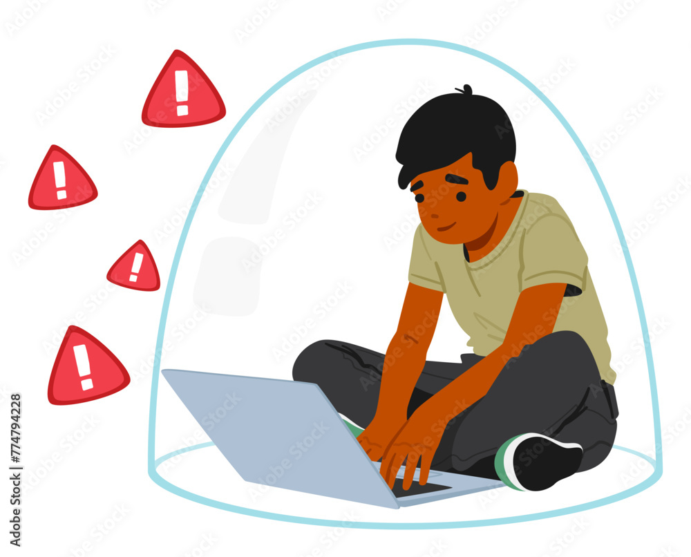 Poster boy character works on a laptop while practicing web safety, ensuring secure browsing, protecting pe