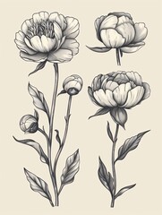 A collection of upscale peony blooms with a stylish logo, fashionable plant features, hand-drawn foliage and blossoms, and sophisticated wildflowers