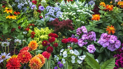 A garden full of different types of flowers in bloom.