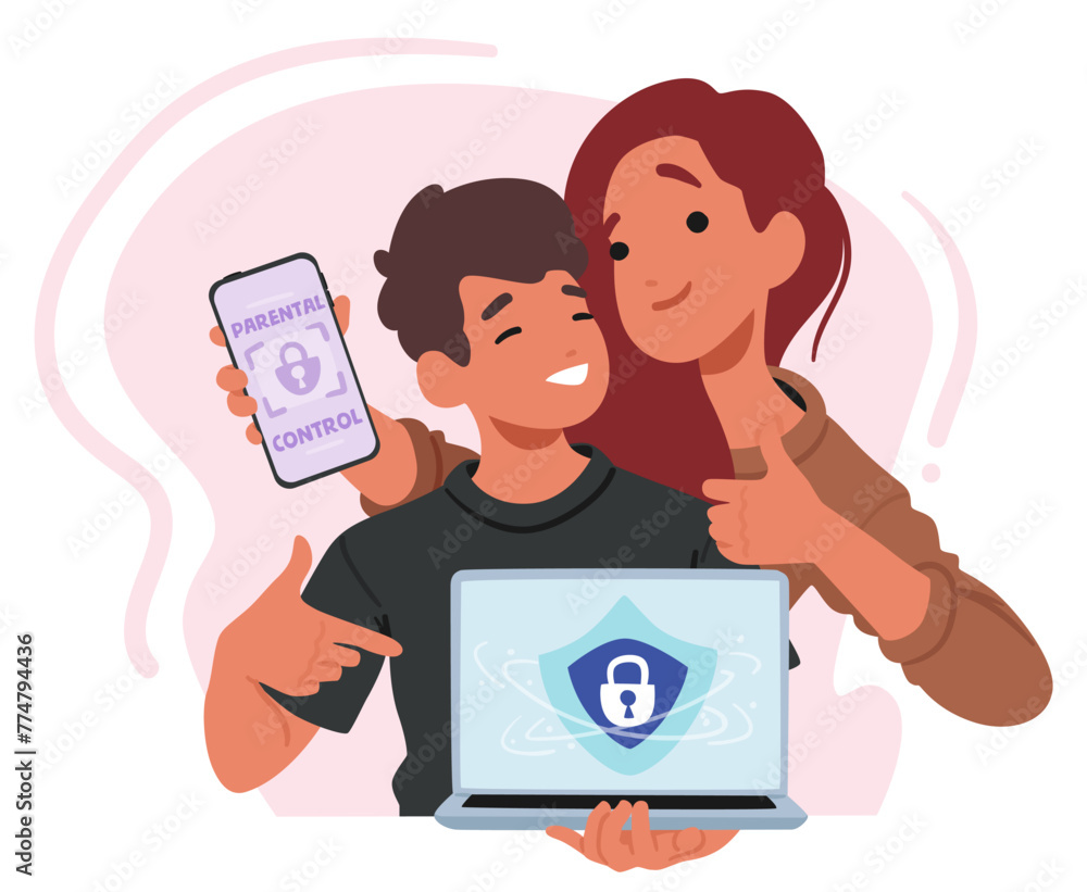 Poster parental control or web safety scene with happy mother and son with gadgets, using software or devic
