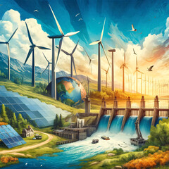 Harmony of Renewables: Collage of Wind, Solar, and Hydro Power
