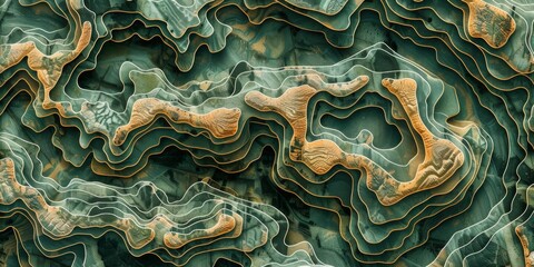 Aerial topographic map pattern, detailing the varied terrains of Wildlands from mountains to jungles and deserts, with elevation lines and waypoints created with Generative AI Technology - obrazy, fototapety, plakaty