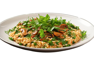 A white plate holds pasta topped with savory mushrooms, creating a delectable culinary masterpiece