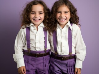 Two Young Girls Wearing Purple Pants and White Shirts