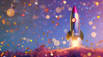metallic brass retro toy rocket on a pastel purple background with golden confetti, cosmonautics space day - obrazy, fototapety, plakaty