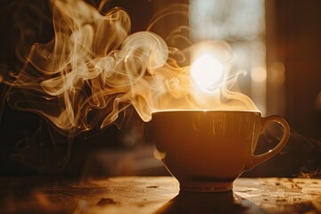 A cup of hot coffee with steam swirling above inviting a moment of warmth