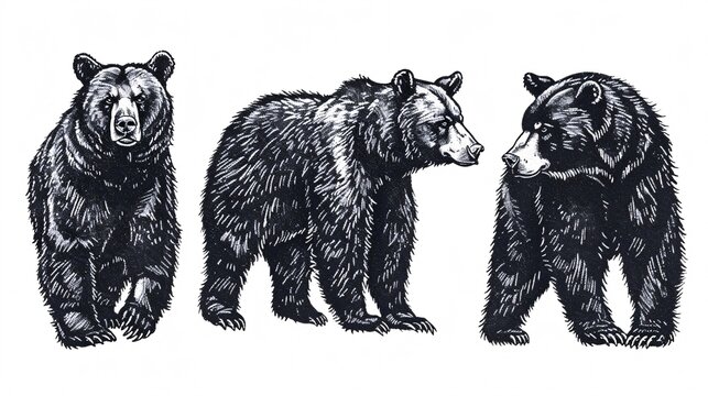 An antique etched set of black bear drawings on a dark background, featuring a North American grizzly and an Asian animal's outline.