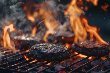 Sizzling burgers on a fiery grill - Close-up of juicy burgers being grilled with flames and smoke, an epitome of summer BBQs and outdoor cooking