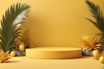 empty yellow podium on tropical leaves background, copy space, for cosmetics products advertising, concept