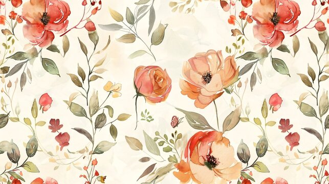 Vintage-style hand-painted floral pattern on ivory background with abstract garden design.