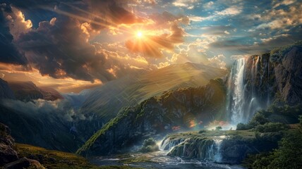 Sunset over a cascading cliff waterfall - An awe-inspiring image depicting a fiery sunset over a powerful cliff waterfall in a lush green valley - obrazy, fototapety, plakaty