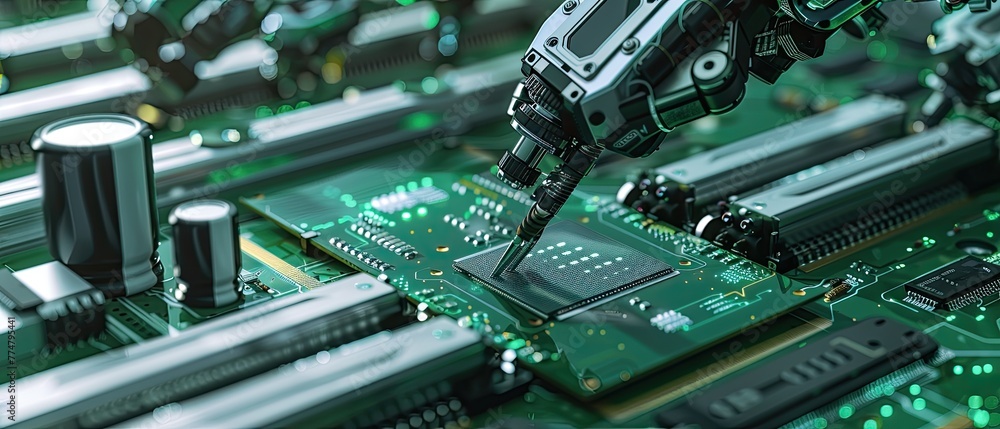 Aufkleber close-up of a robotic arm assembling a circuit board highlighting automation and robotics in manufac