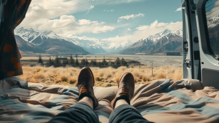 Mountains viewed from open van in daylight - Cozy travel scene with a view from an open van door capturing majestic mountains under daylight - obrazy, fototapety, plakaty