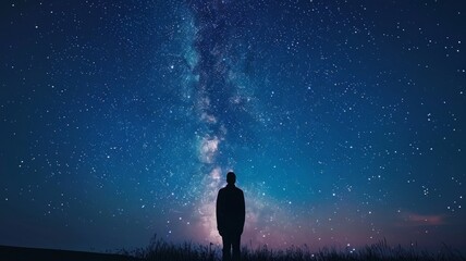 Man staring at the Milky Way galaxy - The vast expanse of the Milky Way stretches above a lone figure standing in a field at night, evoking a sense of wonder - obrazy, fototapety, plakaty