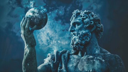 Statue holding the world amidst celestial backdrop - A striking statue of a figure withholding a blurred face, holding a globe against a backdrop of cosmic clouds