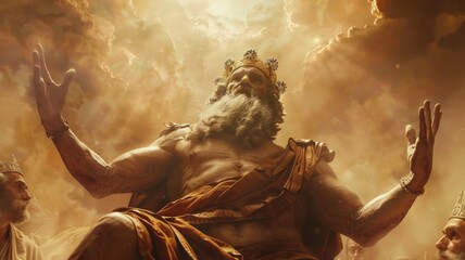 Majestic Zeus-like figure commanding power - An epic digital illustration of a godlike figure with a beard resembling Zeus, radiating divine power among clouds - obrazy, fototapety, plakaty