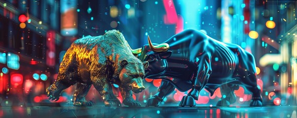 A bear and bull in the stock market, one of them is on top with gold elements, the other side has silver metal colors, in the style of cyberpunk, with a stock exchange background - obrazy, fototapety, plakaty