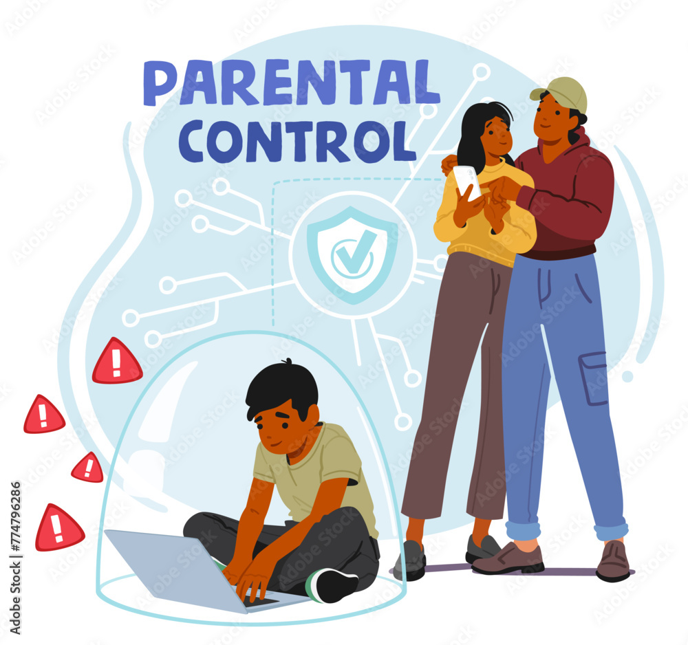 Poster parent characters use control tools to help safeguard kid online by filtering content, limiting scre
