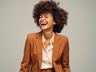 Fototapeta na wymiar Woman Laughing and Wearing a Brown Suit