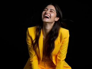 A woman in a business suit is smiling and laughing