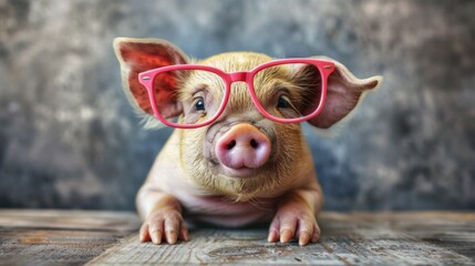 A pig wearing pink glasses sitting on a wooden table, AI