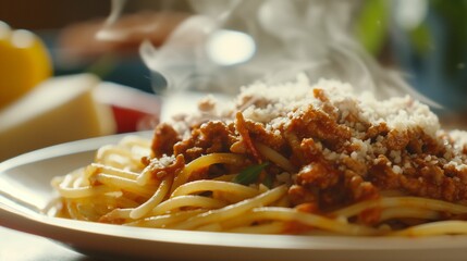 A plate of spaghetti in bologna sauce.
