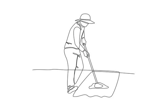 recommend clip art: Single one line drawing of a female farmer is loosening the soil ready for planting. Farming challenge minimal concept. Continuous line draw design graphic vector illustration.