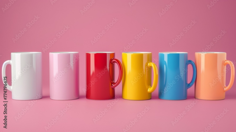 Poster A row of colorful coffee mugs lined up on a pink background, AI