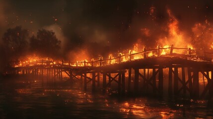 Image of bridge is consumed by raging flames.