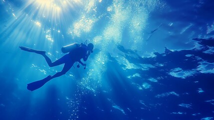 Fototapeta na wymiar Image of a scuba diver gracefully navigating the depths of the ocean.