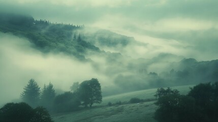 Landscape shrouded in a delicate veil of fog. - obrazy, fototapety, plakaty