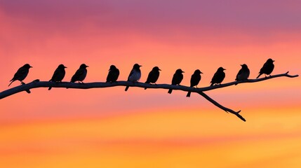 Image of flock of birds perched on a sturdy branch.