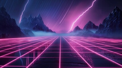 Image of synth-wave landscape with a neon grid and towering futuristic mountains. - 774796672