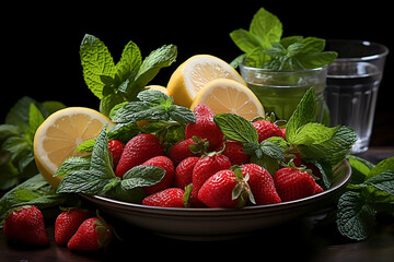 Fresh fruits in a basket. Strawberries, lemon and mint