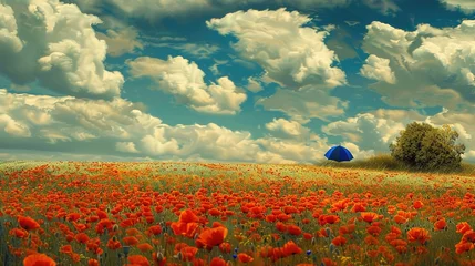Gordijnen A poppy field with a blue umbrella in the distance. © Abdul