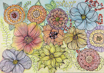 Garden with bright doodled flowers. The dabbing technique near the edges gives a soft focus effect due to the altered surface roughness of the paper. - 774796855
