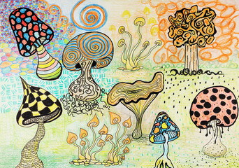 Different whimsical mushrooms doodle. The dabbing technique near the edges gives a soft focus effect due to the altered surface roughness of the paper. - 774796857