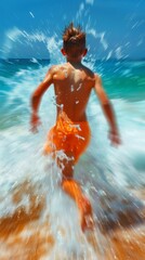 A boy in orange swimsuit running through the water at a beach, AI