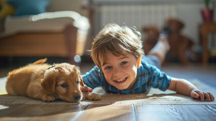 A boy joyfully playing with his puppy, creating a heartwarming scene of innocence and friendship.