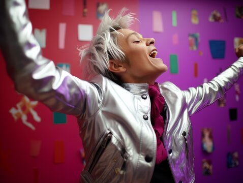 Woman in Silver Jacket and Red Tie