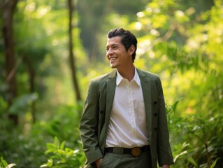 Man in Green Suit Standing in Woods