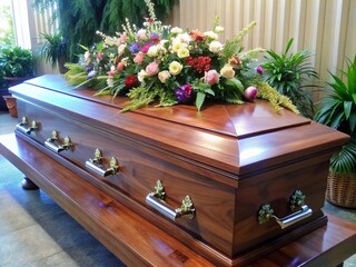 funeral, coffin stands near flowers - obrazy, fototapety, plakaty