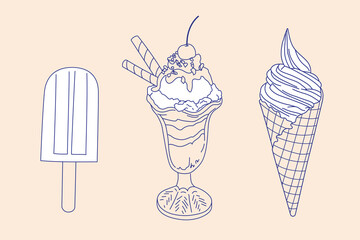 Ice cream set, outline icons set vector illustration
