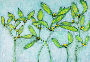 Colored pen drawing of leaves with yellow dots. The dabbing technique near the edges gives a soft focus effect due to the altered surface roughness of the paper. - 774797479