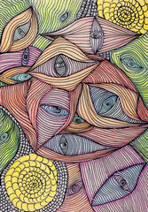 Abstract colorful line art drawing with eyes. The dabbing technique near the edges gives a soft focus effect due to the altered surface roughness of the paper. - 774797490