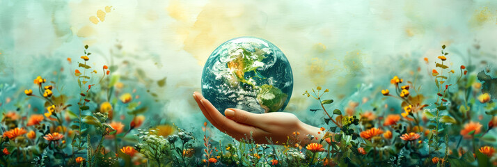 A hand-drawn postcard with a picture of the planet dedicated to Earth Day. Environmental protection concept. Banner with copy space. - obrazy, fototapety, plakaty